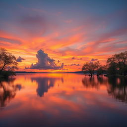 A beautiful sunset over a tranquil lake, with trees on either side reflecting gently in the water