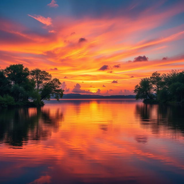 A beautiful sunset over a tranquil lake, with trees on either side reflecting gently in the water