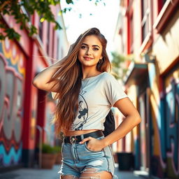 A stylish young woman with long flowing hair, wearing a trendy outfit that showcases a mix of casual and chic, standing confidently against a vibrant urban backdrop