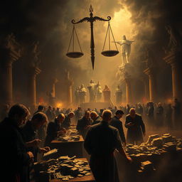 A dramatic and powerful scene depicting short sellers in a metaphorical marketplace, surrounded by an aura of tension and uncertainty