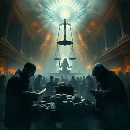 A dramatic and powerful scene depicting short sellers in a metaphorical marketplace, surrounded by an aura of tension and uncertainty