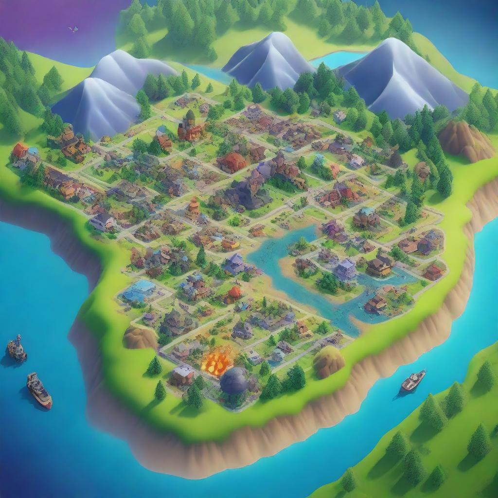 A high-resolution digital art image showcasing a vibrant and detailed Fortnite game map