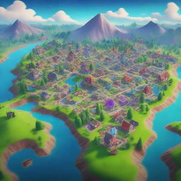 A high-resolution digital art image showcasing a vibrant and detailed Fortnite game map