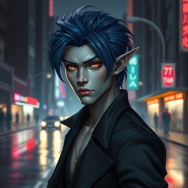 A striking urban fantasy character, a handsome 35-year-old male Drow dark elf with dark blue hair, smooth gray skin, and captivating golden eyes