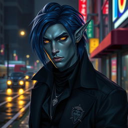 A striking urban fantasy character, a handsome 35-year-old male Drow dark elf with dark blue hair, smooth gray skin, and captivating golden eyes