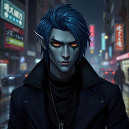 A striking urban fantasy character, a handsome 35-year-old male Drow dark elf with dark blue hair, smooth gray skin, and captivating golden eyes