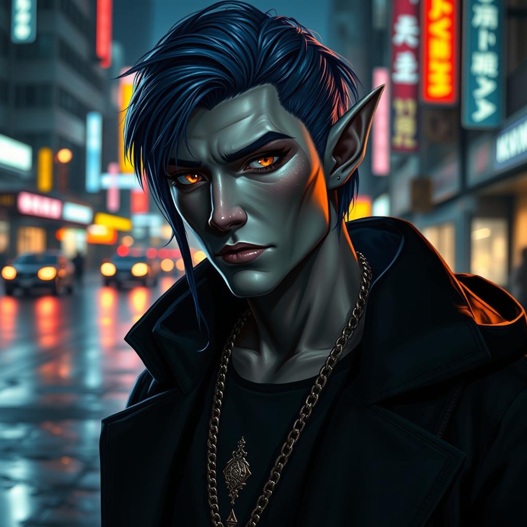 A striking urban fantasy character, a handsome 35-year-old male Drow dark elf with dark blue hair, smooth gray skin, and captivating golden eyes