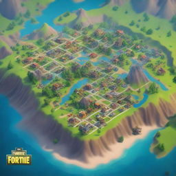 A high-resolution digital art image showcasing a vibrant and detailed Fortnite game map