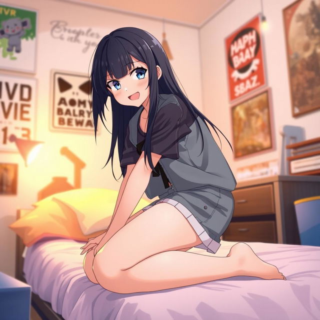 A full-body anime-style girl with long black hair, thick legs, kneeling on her bed in her room