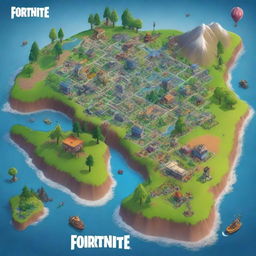 A high-resolution digital art image showcasing a vibrant and detailed Fortnite game map