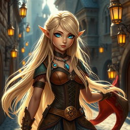 An elf girl with long, flowing blonde hair and striking blue diamond-shaped eyes