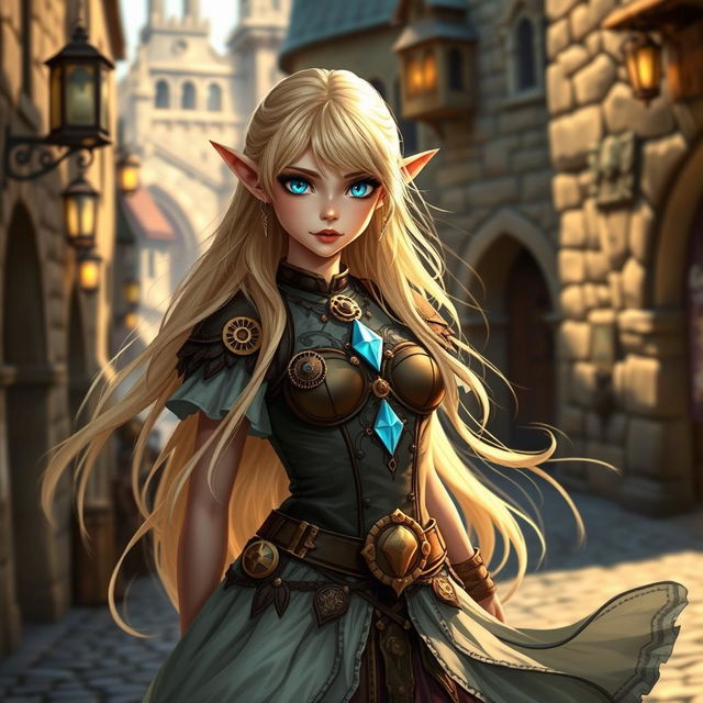 An elf girl with long, flowing blonde hair and striking blue diamond-shaped eyes