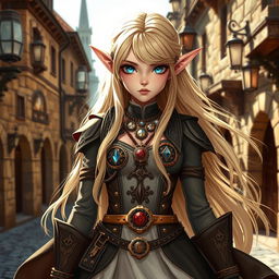An elf girl with long, flowing blonde hair and striking blue diamond-shaped eyes
