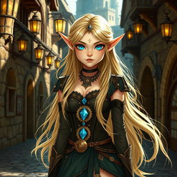 An elf girl with long, flowing blonde hair and striking blue diamond-shaped eyes