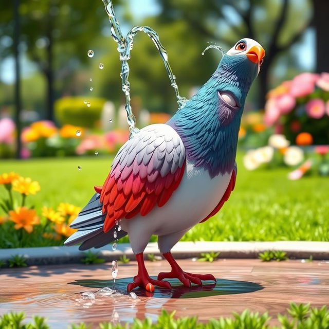 A 3D cartoon style human-like pigeon, with vibrant feathers and a cute, expressive face, joyfully pouring water over itself