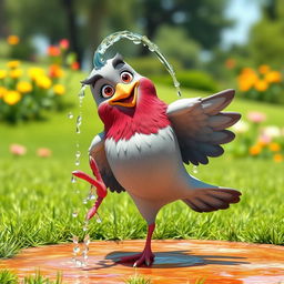 A 3D cartoon style human-like pigeon, with vibrant feathers and a cute, expressive face, joyfully pouring water over itself