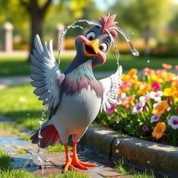 A 3D cartoon style human-like pigeon, with vibrant feathers and a cute, expressive face, joyfully pouring water over itself