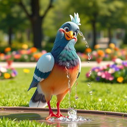 A 3D cartoon style human-like pigeon, with vibrant feathers and a cute, expressive face, joyfully pouring water over itself