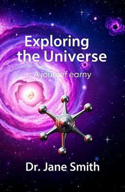 A visually striking cover for a science book, featuring a majestic galaxy swirling with vibrant colors like purples, blues, and pinks, sprinkled with twinkling stars
