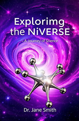 A visually striking cover for a science book, featuring a majestic galaxy swirling with vibrant colors like purples, blues, and pinks, sprinkled with twinkling stars