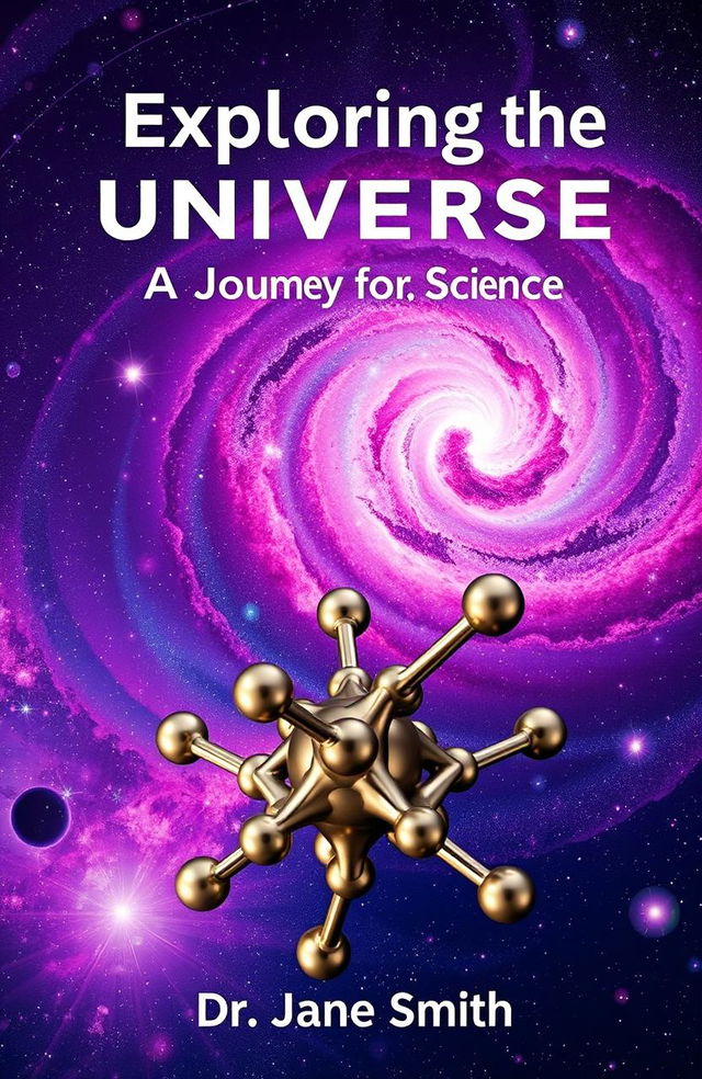 A visually striking cover for a science book, featuring a majestic galaxy swirling with vibrant colors like purples, blues, and pinks, sprinkled with twinkling stars