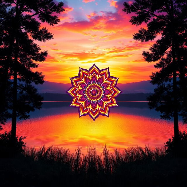 A visually striking image depicting a beautiful sunset over a serene lake, the sky ablaze with vibrant orange, pink, and purple hues, reflecting off the calm water's surface