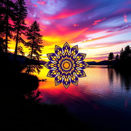 A visually striking image depicting a beautiful sunset over a serene lake, the sky ablaze with vibrant orange, pink, and purple hues, reflecting off the calm water's surface