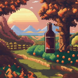 The image is a high-quality pixel art representation of a wine bottle in a Dragonball Z inspired countryside