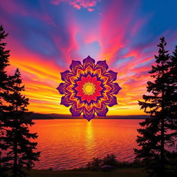 A visually striking image depicting a beautiful sunset over a serene lake, the sky ablaze with vibrant orange, pink, and purple hues, reflecting off the calm water's surface