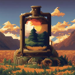 The image is a high-quality pixel art representation of a wine bottle in a Dragonball Z inspired countryside