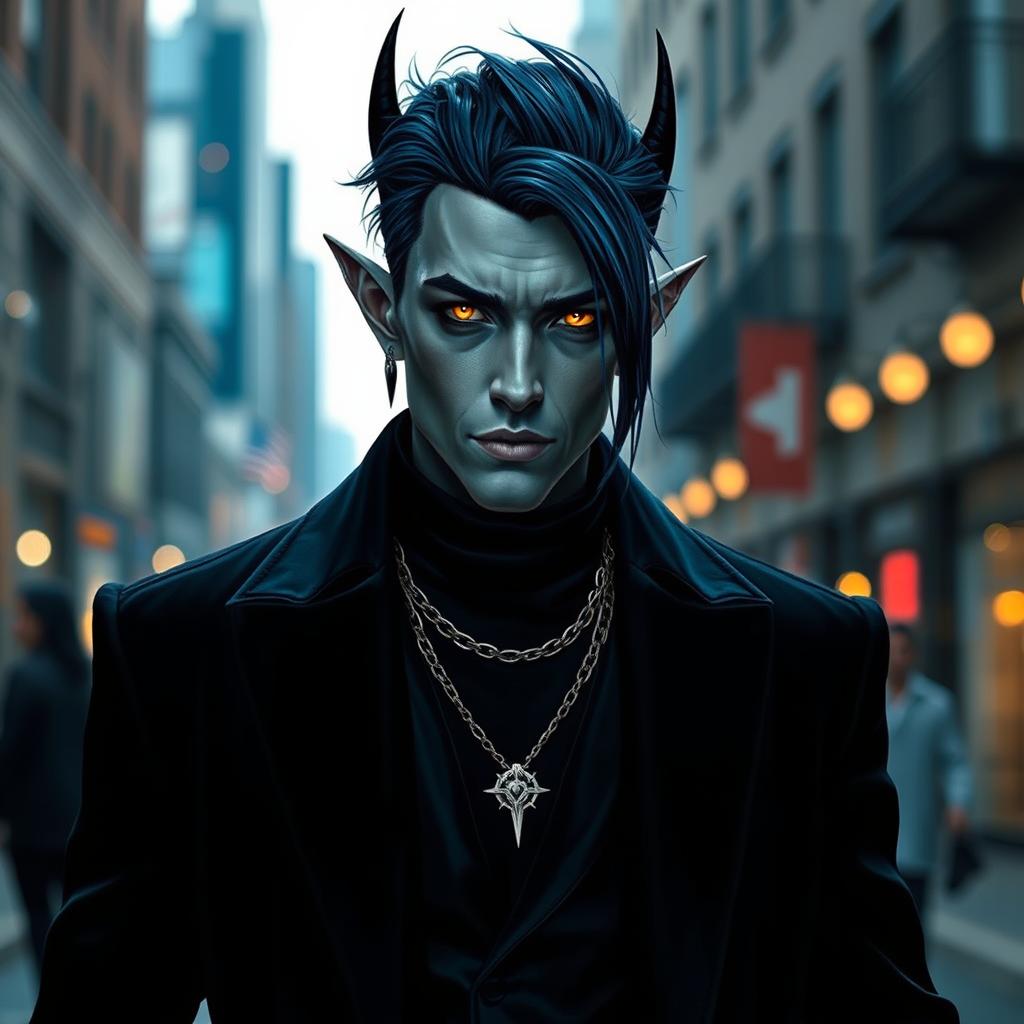 A handsome 35-year-old dark blue-haired male Drow dark elf with gray skin and striking golden eyes, dressed in stylish modern black clothing that blends urban fantasy with contemporary fashion