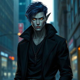 A handsome 35-year-old dark blue-haired male Drow dark elf with gray skin and striking golden eyes, dressed in stylish modern black clothing that blends urban fantasy with contemporary fashion