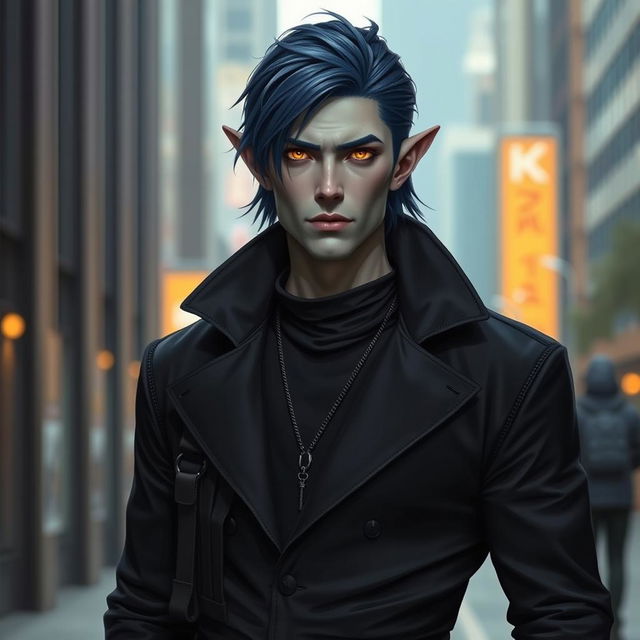 A handsome 35-year-old dark blue-haired male Drow dark elf with gray skin and striking golden eyes, dressed in stylish modern black clothing that blends urban fantasy with contemporary fashion