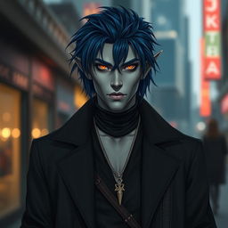 A handsome 35-year-old dark blue-haired male Drow dark elf with gray skin and striking golden eyes, dressed in stylish modern black clothing that blends urban fantasy with contemporary fashion