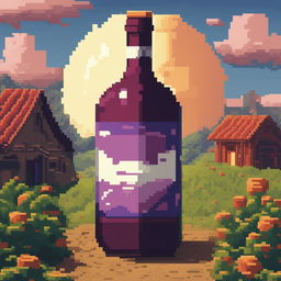 The image is a high-quality pixel art representation of a wine bottle in a Dragonball Z inspired countryside