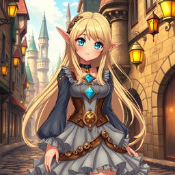 An anime-style elf girl with long, flowing blonde hair and striking blue diamond-shaped eyes