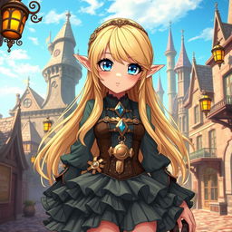 An anime-style elf girl with long, flowing blonde hair and striking blue diamond-shaped eyes