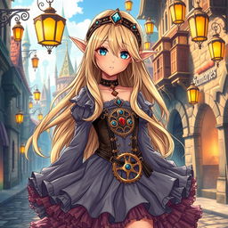 An anime-style elf girl with long, flowing blonde hair and striking blue diamond-shaped eyes