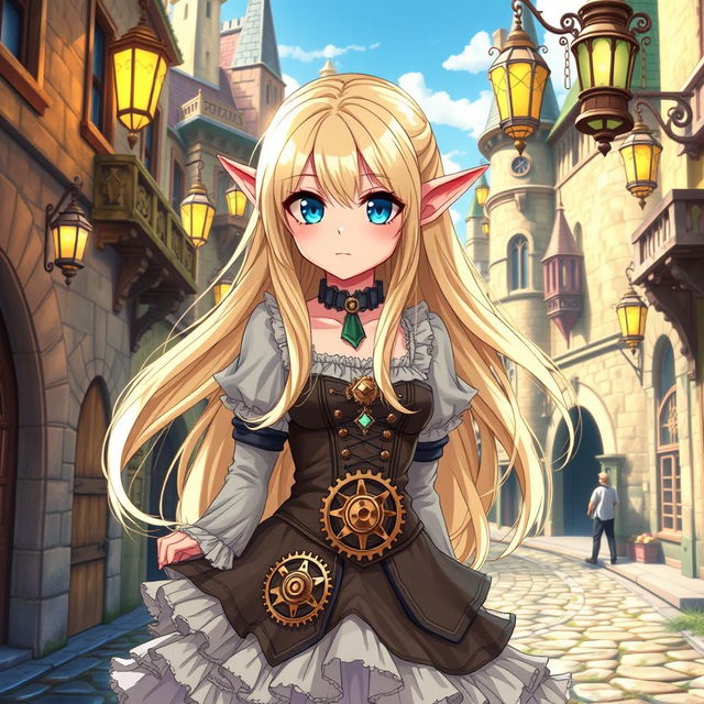 An anime-style elf girl with long, flowing blonde hair and striking blue diamond-shaped eyes