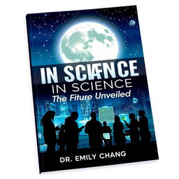 A compelling cover for a science book titled 'Innovations in Science: The Future Unveiled', featuring an eye-catching design that blends elements of technology and nature