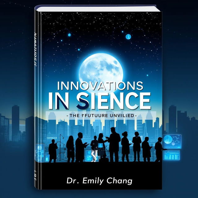 A compelling cover for a science book titled 'Innovations in Science: The Future Unveiled', featuring an eye-catching design that blends elements of technology and nature