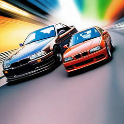 A high-quality digital art image captures a thrilling race between a Nissan Skyline GTR and a BMW E36