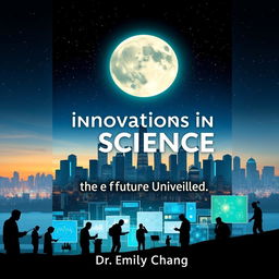 A compelling cover for a science book titled 'Innovations in Science: The Future Unveiled', featuring an eye-catching design that blends elements of technology and nature