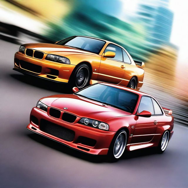 A high-quality digital art image captures a thrilling race between a Nissan Skyline GTR and a BMW E36