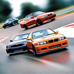 A high-quality digital art image captures a thrilling race between a Nissan Skyline GTR and a BMW E36