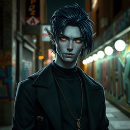 A striking urban fantasy character portrait of a handsome 35-year-old male Drow dark elf with dark blue hair, gray skin, and captivating golden eyes