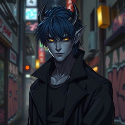 A striking urban fantasy character portrait of a handsome 35-year-old male Drow dark elf with dark blue hair, gray skin, and captivating golden eyes