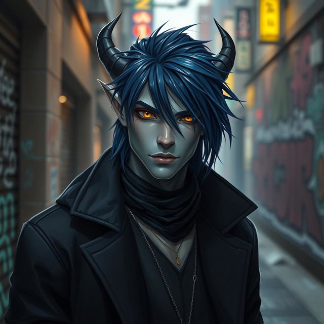 A striking urban fantasy character portrait of a handsome 35-year-old male Drow dark elf with dark blue hair, gray skin, and captivating golden eyes