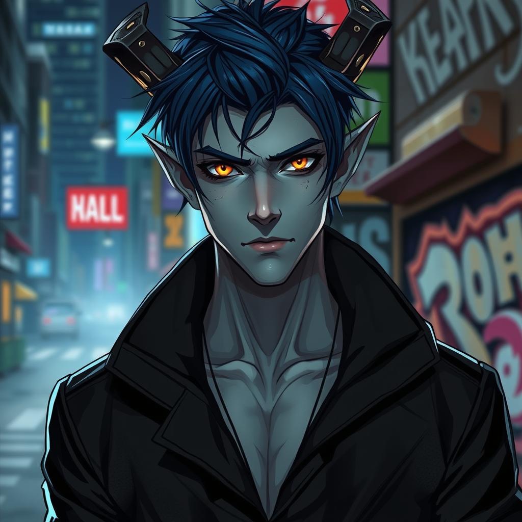 A striking urban fantasy character portrait of a handsome 35-year-old male Drow dark elf with dark blue hair, gray skin, and captivating golden eyes
