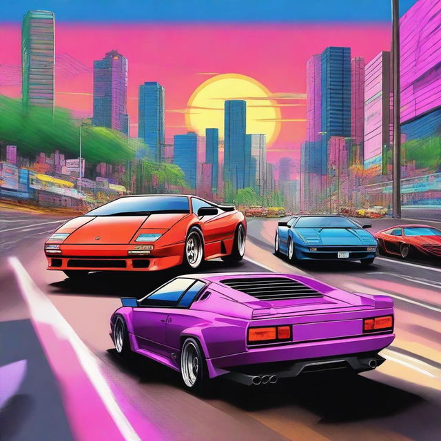 This high-quality digital art image portrays a heart-racing street race between a Lamborghini Countach and a Nissan Skyline R34 in Japan